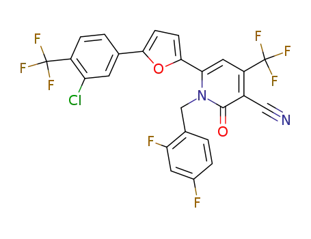 Molecular Structure of 849931-77-7 (3-Pyridinecarbonitrile,
6-[5-[3-chloro-4-(trifluoromethyl)phenyl]-2-furanyl]-1-[(2,4-difluorophenyl)
methyl]-1,2-dihydro-2-oxo-4-(trifluoromethyl)-)