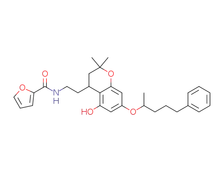 Molecular Structure of 88464-02-2 (2-Furancarboxamide,
N-[2-[3,4-dihydro-5-hydroxy-2,2-dimethyl-7-(1-methyl-4-phenylbutoxy)-2
H-1-benzopyran-4-yl]ethyl]-)