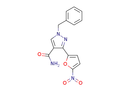 Molecular Structure of 61651-04-5 (1H-Pyrazole-4-carboxamide, 3-(5-nitro-2-furanyl)-1-(phenylmethyl)-)