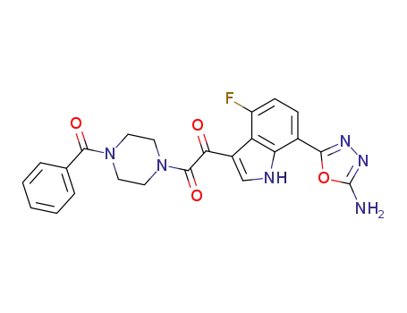 Molecular Structure of 389629-64-5 (Piperazine,
1-[[7-(5-amino-1,3,4-oxadiazol-2-yl)-4-fluoro-1H-indol-3-yl]oxoacetyl]-4-
benzoyl-)