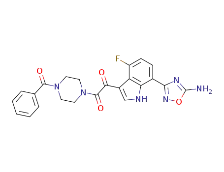 Molecular Structure of 389629-45-2 (Piperazine,
1-[[7-(5-amino-1,2,4-oxadiazol-3-yl)-4-fluoro-1H-indol-3-yl]oxoacetyl]-4-
benzoyl-)