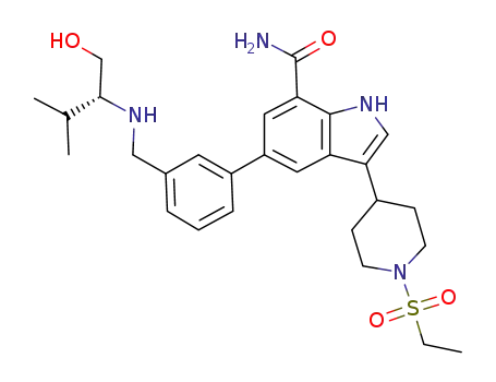 Molecular Structure of 919338-89-9 (1H-Indole-7-carboxamide,
3-[1-(ethylsulfonyl)-4-piperidinyl]-5-[3-[[[(1R)-1-(hydroxymethyl)-2-methyl
propyl]amino]methyl]phenyl]-)
