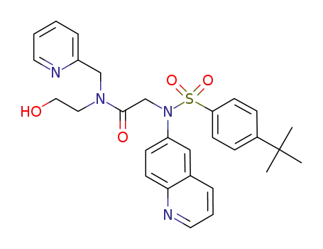 Molecular Structure of 680590-01-6 (Acetamide,
2-[[[4-(1,1-dimethylethyl)phenyl]sulfonyl]-6-quinolinylamino]-N-(2-hydroxy
ethyl)-N-(2-pyridinylmethyl)-)