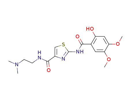 Molecular Structure of 185104-10-3 (4-Thiazolecarboxamide,
N-[2-(dimethylamino)ethyl]-2-[(2-hydroxy-4,5-dimethoxybenzoyl)amino]-)