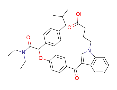 Molecular Structure of 139155-11-6 (1H-Indole-1-butanoic acid,
3-[4-[2-(diethylamino)-1-[4-(2-methylpropyl)phenyl]-2-oxoethoxy]benzoyl]
-)