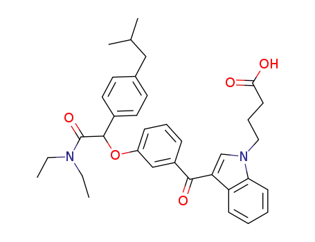 Molecular Structure of 139155-19-4 (1H-Indole-1-butanoic acid,
3-[3-[2-(diethylamino)-1-[4-(2-methylpropyl)phenyl]-2-oxoethoxy]benzoyl]
-)