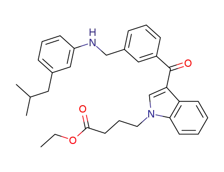 Molecular Structure of 139154-71-5 (1H-Indole-1-butanoic acid,
3-[3-[[[3-(2-methylpropyl)phenyl]amino]methyl]benzoyl]-, ethyl ester)