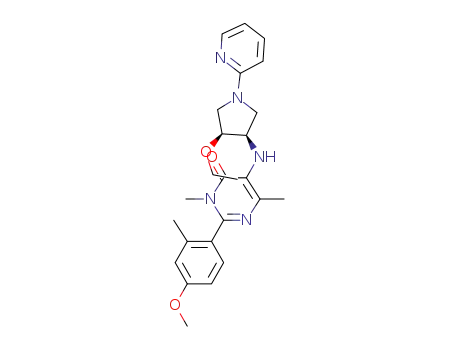 Molecular Structure of 590382-26-6 (4(3H)-Pyrimidinone,
5-[[(3R,4S)-4-ethoxy-1-(2-pyridinyl)-3-pyrrolidinyl]amino]-2-(4-methoxy-
2-methylphenyl)-3,6-dimethyl-)