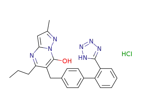 Molecular Structure of 151327-05-8 (Pyrazolo[1,5-a]pyrimidin-7-ol,2-methyl-5-propyl-6-[[2'-(2H-tetrazol-5-yl)[1,1'-biphenyl]-4-yl]methyl]-,hydrochloride (1:1))