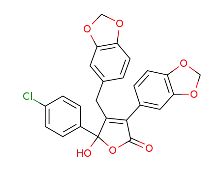 Molecular Structure of 169803-12-7 (2(5H)-Furanone,
3-(1,3-benzodioxol-5-yl)-4-(1,3-benzodioxol-5-ylmethyl)-5-(4-chlorophen
yl)-5-hydroxy-)