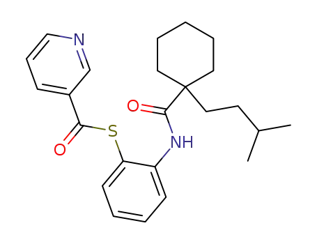 Molecular Structure of 718595-21-2 (3-Pyridinecarbothioic acid,
S-[2-[[[1-(3-methylbutyl)cyclohexyl]carbonyl]amino]phenyl] ester)