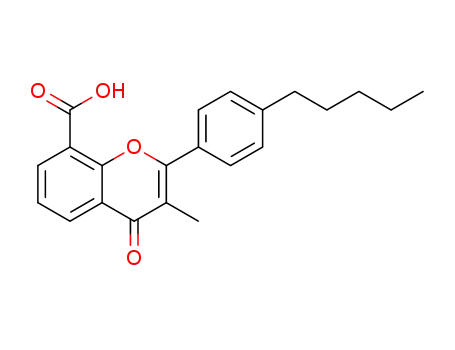 Molecular Structure of 90102-36-6 (4H-1-Benzopyran-8-carboxylic acid, 3-methyl-4-oxo-2-(4-pentylphenyl)-)