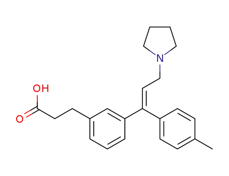 Molecular Structure of 87849-64-7 (Benzenepropanoic acid,
3-[1-(4-methylphenyl)-3-(1-pyrrolidinyl)-1-propenyl]-, (E)-)