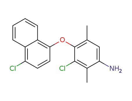 Molecular Structure of 90040-36-1 (Benzenamine, 3-chloro-4-[(4-chloro-1-naphthalenyl)oxy]-2,5-dimethyl-)