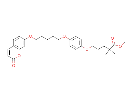 Molecular Structure of 95923-52-7 (Pentanoic acid,
2,2-dimethyl-5-[4-[[5-[(2-oxo-2H-1-benzopyran-7-yl)oxy]pentyl]oxy]phen
oxy]-, methyl ester)