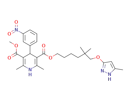 Molecular Structure of 86419-29-6 (3,5-Pyridinedicarboxylic acid,
1,4-dihydro-2,6-dimethyl-4-(3-nitrophenyl)-,
5,5-dimethyl-6-[(5-methyl-1H-pyrazol-3-yl)oxy]hexyl methyl ester)
