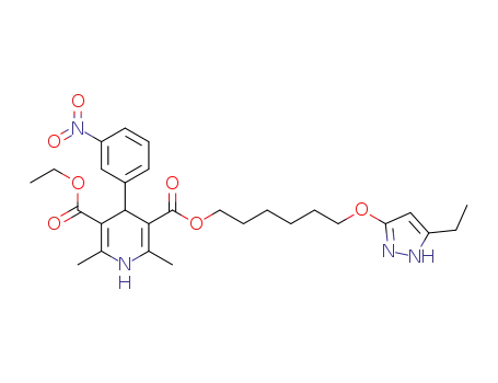 Molecular Structure of 86419-26-3 (3,5-Pyridinedicarboxylic acid,
1,4-dihydro-2,6-dimethyl-4-(3-nitrophenyl)-, ethyl
6-[(5-ethyl-1H-pyrazol-3-yl)oxy]hexyl ester)