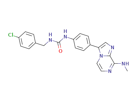 Molecular Structure of 825629-89-8 (Urea,
N-[(4-chlorophenyl)methyl]-N'-[4-[8-(methylamino)imidazo[1,2-a]pyrazin-
3-yl]phenyl]-)