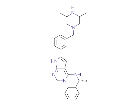 Molecular Structure of 497839-89-1 (1H-Pyrrolo[2,3-d]pyrimidin-4-amine,
6-[3-[(3,5-dimethyl-1-piperazinyl)methyl]phenyl]-N-[(1R)-1-phenylethyl]-)