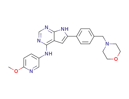 Molecular Structure of 497840-89-8 (1H-Pyrrolo[2,3-d]pyrimidin-4-amine,
N-(6-methoxy-3-pyridinyl)-6-[4-(4-morpholinylmethyl)phenyl]-)