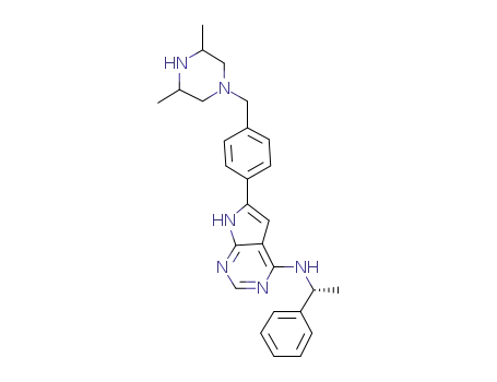 Molecular Structure of 497839-67-5 (1H-Pyrrolo[2,3-d]pyrimidin-4-amine,
6-[4-[(3,5-dimethyl-1-piperazinyl)methyl]phenyl]-N-[(1R)-1-phenylethyl]-)