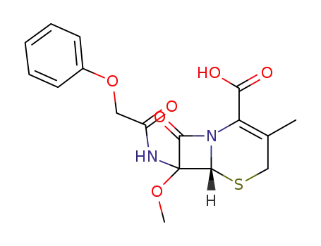Molecular Structure of 50268-77-4 (5-Thia-1-azabicyclo[4.2.0]oct-2-ene-2-carboxylic acid,
7-methoxy-3-methyl-8-oxo-7-[(phenoxyacetyl)amino]-, (6R)-)