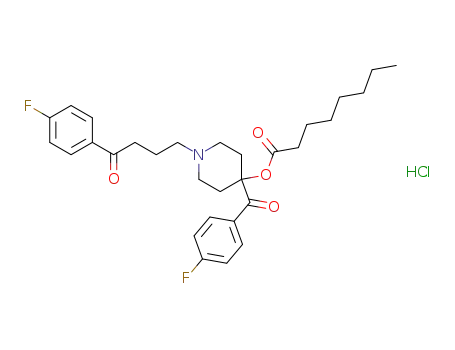 Molecular Structure of 61715-09-1 (Octanoic acid,
4-(4-fluorobenzoyl)-1-[4-(4-fluorophenyl)-4-oxobutyl]-4-piperidinyl ester,
hydrochloride)