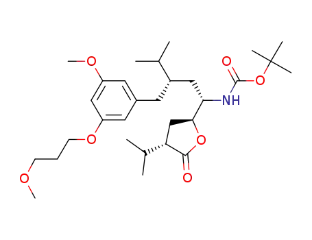 Molecular Structure of 1132672-11-7 (Carbamic acid, N-[(1S,3S)-3-[[3-methoxy-5-(3-methoxypropoxy)phenyl]methyl]-4-methyl-1-[(2S,4S)-tetrahydro-4-(1-methylethyl)-5-oxo-2-furanyl]pentyl]-, 1,1-dimethylethyl ester)
