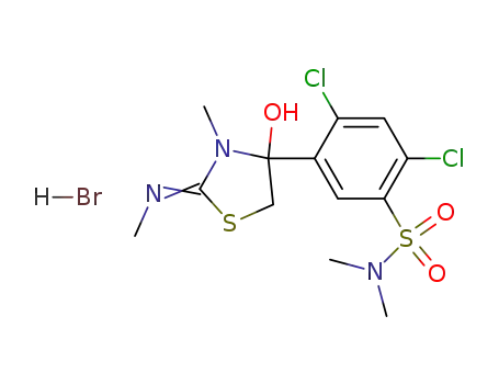 Molecular Structure of 62971-54-4 (Benzenesulfonamide,
2,4-dichloro-5-[4-hydroxy-3-methyl-2-(methylimino)-4-thiazolidinyl]-N,N-
dimethyl-, monohydrobromide)