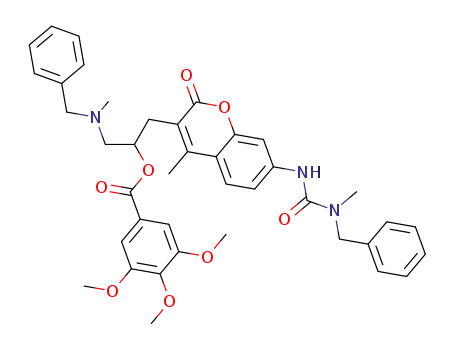 Molecular Structure of 62380-19-2 (Benzoic acid, 3,4,5-trimethoxy-,
1-[[4-methyl-7-[[[methyl(phenylmethyl)amino]carbonyl]amino]-2-oxo-2H-
1-benzopyran-3-yl]methyl]-2-[methyl(phenylmethyl)amino]ethyl ester)