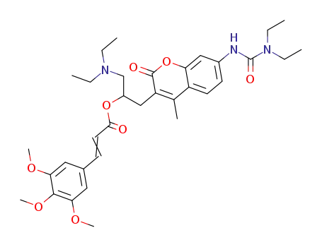 Molecular Structure of 62380-18-1 (2-Propenoic acid, 3-(3,4,5-trimethoxyphenyl)-,
2-[7-[[(diethylamino)carbonyl]amino]-4-methyl-2-oxo-2H-1-benzopyran-
3-yl]-1-[(diethylamino)methyl]ethyl ester)