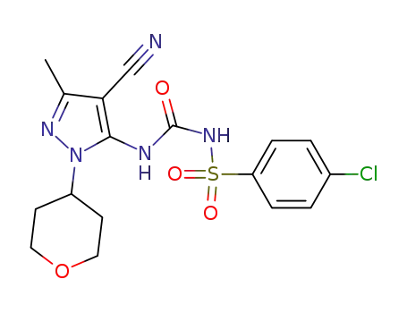 Molecular Structure of 194542-67-1 (Benzenesulfonamide,
4-chloro-N-[[[4-cyano-3-methyl-1-(tetrahydro-2H-pyran-4-yl)-1H-pyrazol-
5-yl]amino]carbonyl]-)