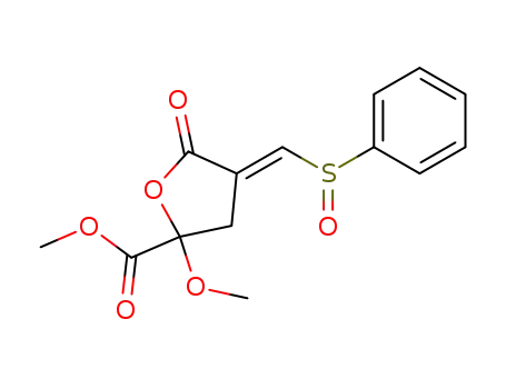 Molecular Structure of 65147-32-2 (2-Furancarboxylic acid,
tetrahydro-2-methoxy-5-oxo-4-[(phenylsulfinyl)methylene]-, methyl ester)