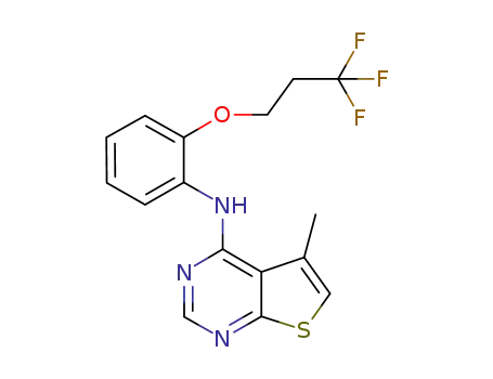 Molecular Structure of 917907-02-9 (Thieno[2,3-d]pyrimidin-4-amine,
5-methyl-N-[2-(3,3,3-trifluoropropoxy)phenyl]-)
