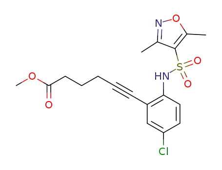 Molecular Structure of 927963-09-5 (5-Hexynoic acid,
6-[5-chloro-2-[[(3,5-dimethyl-4-isoxazolyl)sulfonyl]amino]phenyl]-, methyl
ester)