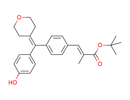 Molecular Structure of 843661-55-2 (2-Propenoic acid,
3-[4-[(4-hydroxyphenyl)(tetrahydro-4H-pyran-4-ylidene)methyl]phenyl]-2-
methyl-, 1,1-dimethylethyl ester, (2E)-)