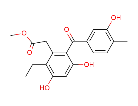 Molecular Structure of 819813-31-5 (Benzeneacetic acid,
2-ethyl-3,5-dihydroxy-6-(3-hydroxy-4-methylbenzoyl)-, methyl ester)