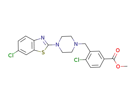 Molecular Structure of 928015-38-7 (Benzoic acid,
4-chloro-3-[[4-(6-chloro-2-benzothiazolyl)-1-piperazinyl]methyl]-, methyl
ester)
