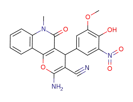 Molecular Structure of 1019060-09-3 (2-amino-4-(4-hydroxy-3-methoxy-5-nitrophenyl)-6-methyl-5-oxo-5,6-dihydro-4H-pyrano[3,2-c]quinoline-3-carbonitrile)