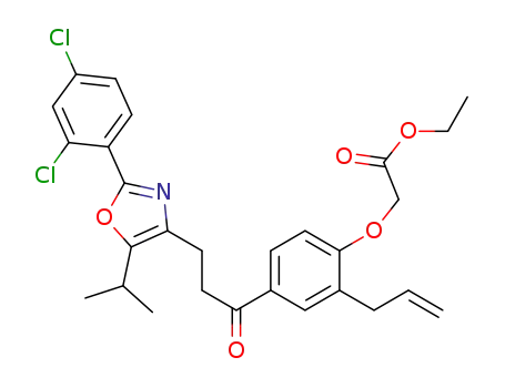 Molecular Structure of 500581-81-7 (Acetic acid,
[4-[3-[2-(2,4-dichlorophenyl)-5-(1-methylethyl)-4-oxazolyl]-1-oxopropyl]-2
-(2-propenyl)phenoxy]-, ethyl ester)