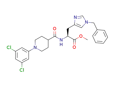 Molecular Structure of 847407-84-5 (L-Histidine,
N-[[1-(3,5-dichlorophenyl)-4-piperidinyl]carbonyl]-1-(phenylmethyl)-,
methyl ester)