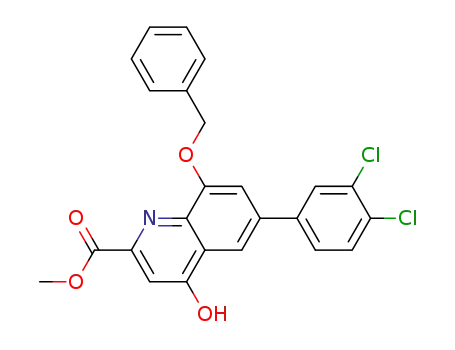 Molecular Structure of 495408-27-0 (2-Quinolinecarboxylic acid,
6-(3,4-dichlorophenyl)-4-hydroxy-8-(phenylmethoxy)-, methyl ester)