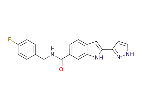 Molecular Structure of 827317-12-4 (1H-Indole-6-carboxamide,
N-[(4-fluorophenyl)methyl]-2-(1H-pyrazol-3-yl)-)