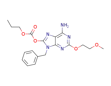 Molecular Structure of 847453-17-2 (Carbonic acid,
6-amino-2-(2-methoxyethoxy)-9-(phenylmethyl)-9H-purin-8-yl propyl
ester)
