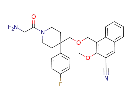 Molecular Structure of 672926-92-0 (Piperidine,
1-(aminoacetyl)-4-[[(3-cyano-2-methoxy-1-naphthalenyl)methoxy]methyl]
-4-(4-fluorophenyl)-)