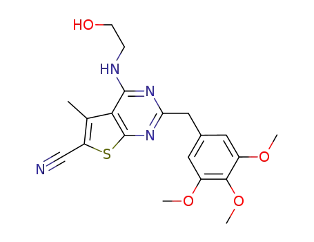 Molecular Structure of 731857-04-8 (Thieno[2,3-d]pyrimidine-6-carbonitrile,
4-[(2-hydroxyethyl)amino]-5-methyl-2-[(3,4,5-trimethoxyphenyl)methyl]-)