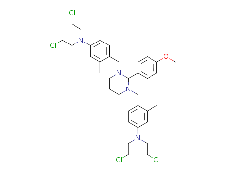 Molecular Structure of 19320-29-7 (Benzenamine,4,4'-[[dihydro-2-(4-methoxyphenyl)-1,3(2H,4H)-pyrimidinediyl]bis(methylene)]bis[N,N-bis(2-chloroethyl)-3-methyl-(9CI))
