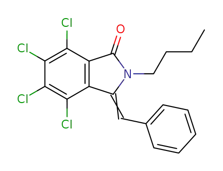 Molecular Structure of 63586-06-1 (1H-Isoindol-1-one,
2-butyl-4,5,6,7-tetrachloro-2,3-dihydro-3-(phenylmethylene)-)