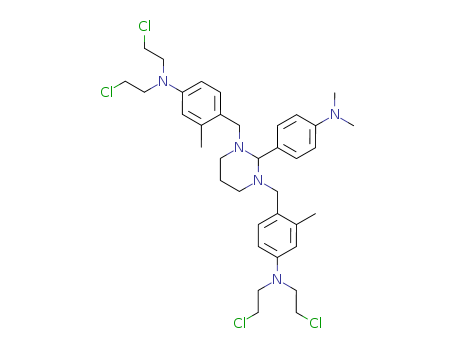 Molecular Structure of 19320-28-6 (Benzenamine,4,4'-[2-[4-(dimethylamino)phenyl]dihydro-1,3(2H,4H)-pyrimidinediyl]bis(methylene)]bis[N,N-bis(2-chloroethyl)-3-methyl-(9CI))