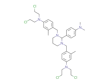 Molecular Structure of 19320-28-6 (Benzenamine,4,4'-[2-[4-(dimethylamino)phenyl]dihydro-1,3(2H,4H)-pyrimidinediyl]bis(methylene)]bis[N,N-bis(2-chloroethyl)-3-methyl-(9CI))